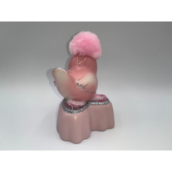 Vintage Pink Ceramic Bird Valentine Day Pink Heart Poofy Hat Fur Princess OOAK - Picture 14 of 16
